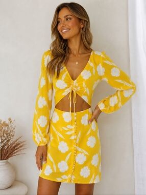 SABO Yellow Floral Cutout Mini Dress Long Sleeve Button Front Size M US‎ 6